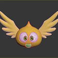 Yellow Cartoon Creature With Big Eyes Smiling Face And Wings On Reflective Background