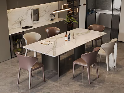 Modern Kitchen Dining Area Interior Design With Marble Table Chairs Cabinets And Lighting 3d model