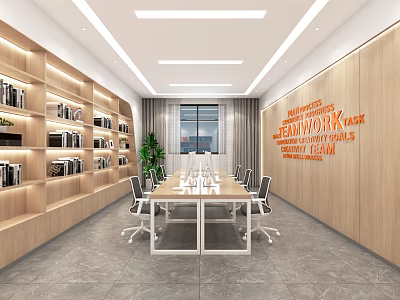 Modern Office Meeting Room with Long Conference Table Chairs Bookshelves Green Plant Motivational Wall Art 3d model