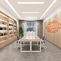 Modern Office Meeting Room with Long Conference Table Chairs Bookshelves Green Plant Motivational Wall Art