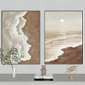 Two Beige Brown Wave Decorative Paintings With Green Plant Sculpture Ornament On Light Wall