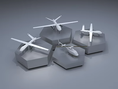 Modern Intelligent Drone and Helicopter Models on Hexagonal Display Stands 3d model