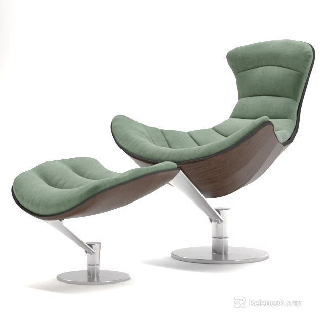 Modern Lounge Chair with Matching Ottoman Green Upholstery Wooden Frame and Silver Metal Base 3d model 