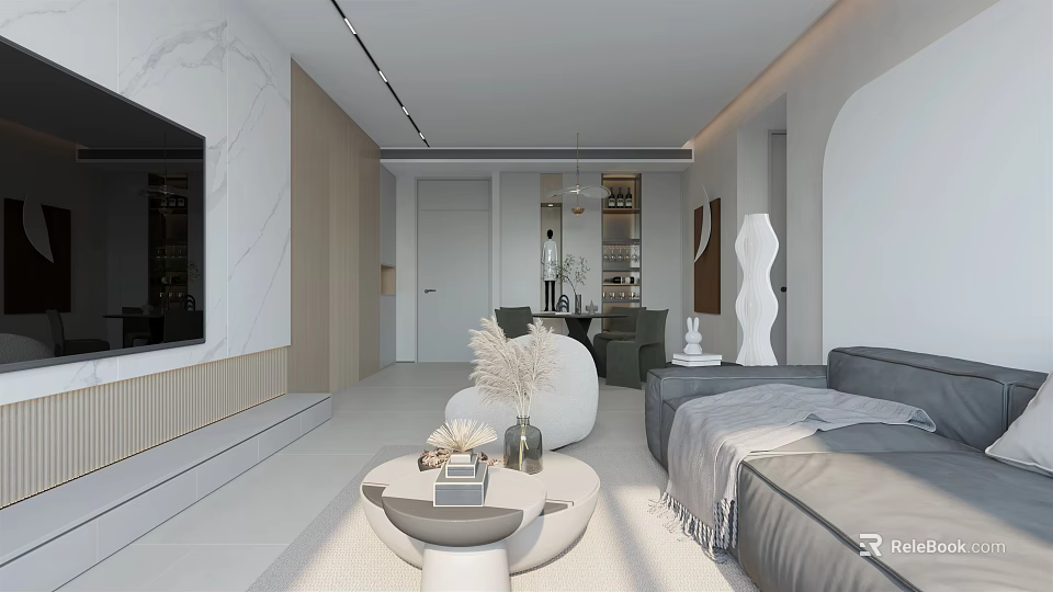 Modern Living And Dining Room Interior With Gray Sofa Round Coffee Table And Dining Set 3d model 