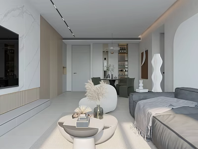 Modern Living And Dining Room Interior With Gray Sofa Round Coffee Table And Dining Set 3d model