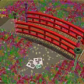 Red Wooden Bridge Over Small Pond With Lily Pads And Green Grass Path