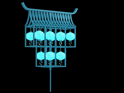 Traditional Blue Lantern Structure With Glowing Round Lanterns And Decorative Roof Design 3d model