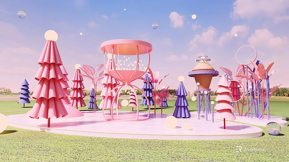 Colorful Photo Check-in Spot With Pink Tree Structures Carousel Decorations Green Grass Blue Sky Clouds 3d model 