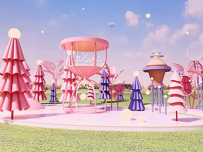 Colorful Photo Check-in Spot With Pink Tree Structures Carousel Decorations Green Grass Blue Sky Clouds 3d model