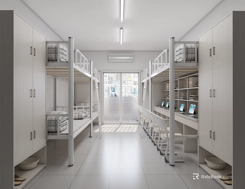 Modern Bright Dormitory Interior With Bunk Beds Desks Cabinets Chairs And Laptops 3d model 