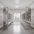 Modern Bright Dormitory Interior With Bunk Beds Desks Cabinets Chairs And Laptops