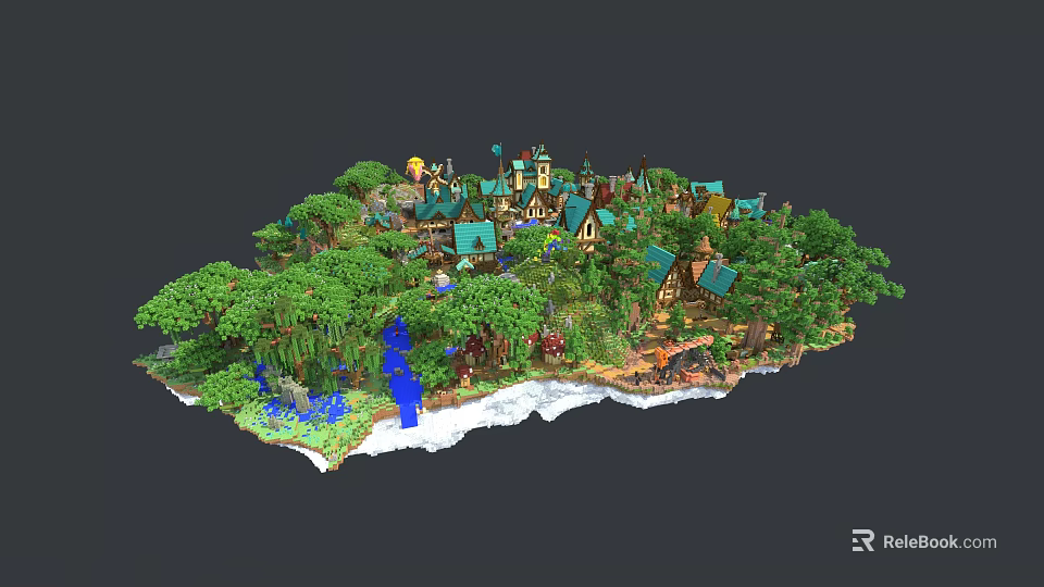Fantasy Island Scenery With Green Trees Cottages Blue Stream And Fairy Tale Buildings 3d model 