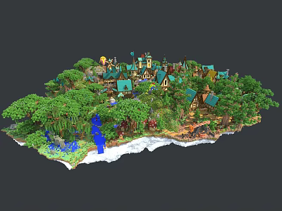 Fantasy Island Scenery With Green Trees Cottages Blue Stream And Fairy Tale Buildings 3d model