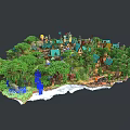 Fantasy Island Scenery With Green Trees Cottages Blue Stream And Fairy Tale Buildings