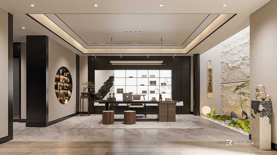 New Chinese Style Study Room Interior With Desk And Decorations 3d model