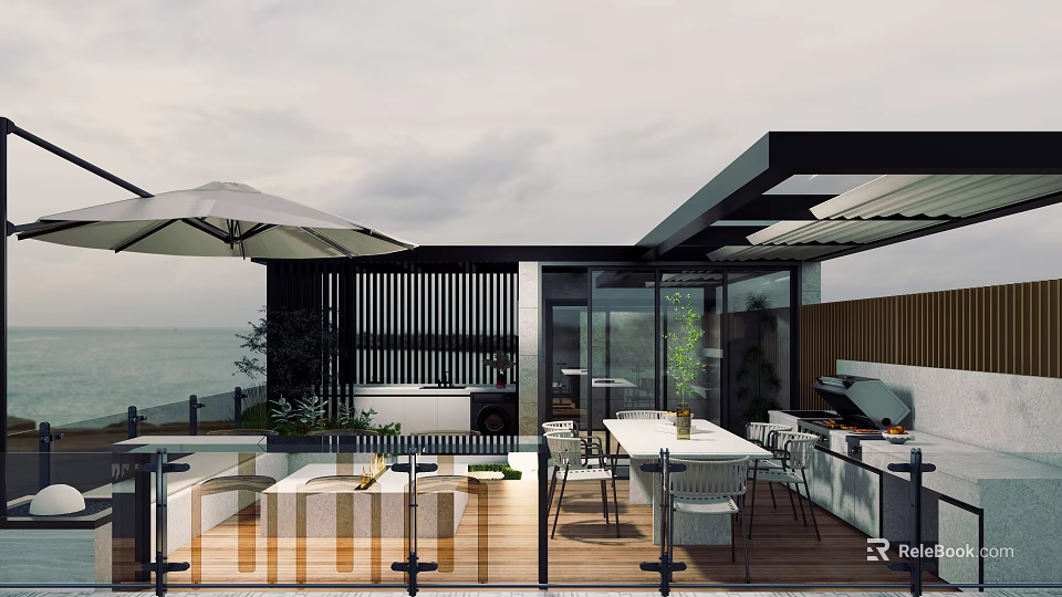 Rooftop Garden With Ocean View Outdoor Dining Area And Lounge Furniture 3d model 