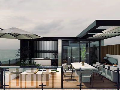 Rooftop Garden With Ocean View Outdoor Dining Area And Lounge Furniture 3d model