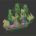 Vintage Sailing Ship Model with Multiple Masts Brown Sails and Green Hull 3d model
