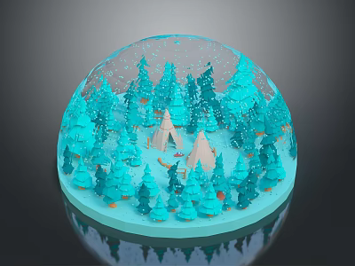 Decorative Snow Globe With Blue Trees Tents And Miniature Winter Scene Reflection 3d model