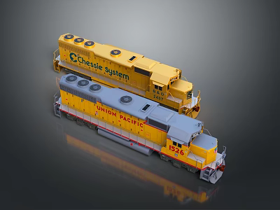 Two Yellow Train Locomotives Featuring Chessie System And Union Pacific Logos 3d model