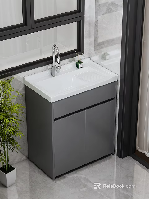 Modern Bathroom Vanity with White Sink Gray Cabinet and Green Plant 3d model 