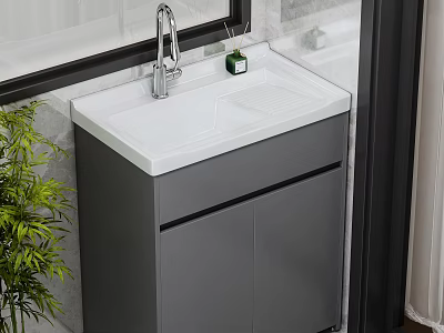 Modern Bathroom Vanity with White Sink Gray Cabinet and Green Plant 3d model