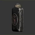 Vintage Metal Flask With Black Body Golden Cap And Circular Red Emblem Design