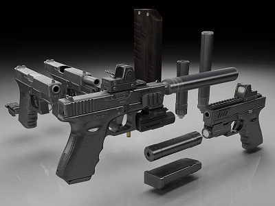 Assorted Gun Parts Including Long Gun With Scope Pistols Barrels And Magazines 3d model