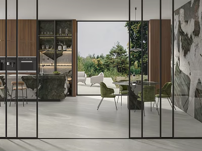 Modern Open Restaurant Interior With Wooden Walls Glass Windows And Green Chairs 3d model