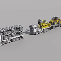 Two White Trucks Loaded With Heavy Tires And Yellow Construction Machinery