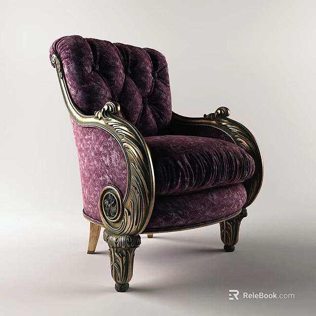 Luxurious Vintage Single Sofa With Purple Velvet Upholstery And Golden Carved Armrests 3d model 