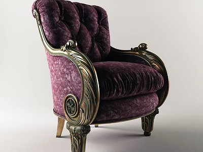 Luxurious Vintage Single Sofa With Purple Velvet Upholstery And Golden Carved Armrests 3d model