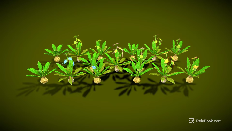 Neatly Arranged Green Plants With Green Leaves Yellow And Blue Flowers On Green Background 3d model 