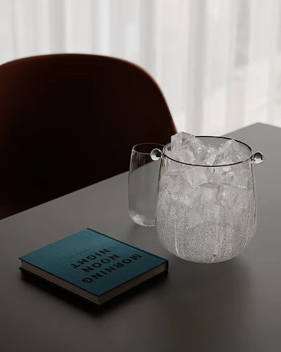 Elegant Indoor Setting Featuring Glass Ice Bucket With Ice Cubes Empty Wine Glass And Blue Book 3d model