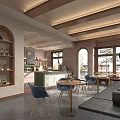 Cozy Cafe Interior With Arched Shelves Brick Walls Wooden Ceiling And Green Plants