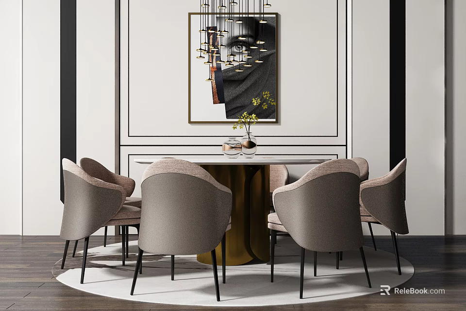 Elegant Modern Dining Table Set With Light Gray Chairs And Chandelier Decor 3d model