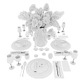 Modern Tableware Set With Black Plates Bowls Transparent Glassware Silver Cutlery And White Floral Arrangement