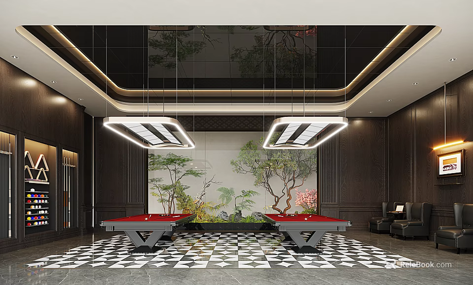 Elegant Luxury Sales Office Leisure Area With Billiard Tables And Delicate Chinese Style Landscape Decoration 3d model 