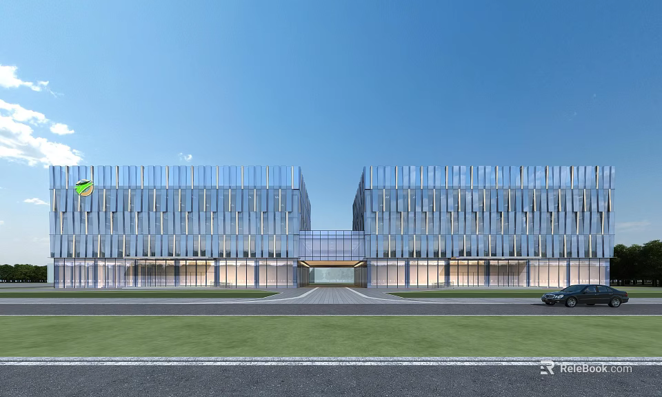 Modern Office Building With Glass Curtain Walls Symmetric Design And Front Lawn 3d model 
