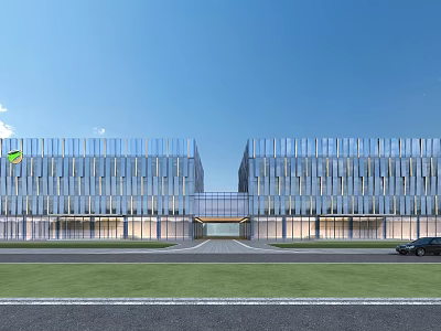 Modern Office Building With Glass Curtain Walls Symmetric Design And Front Lawn 3d model