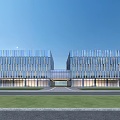 Modern Office Building With Glass Curtain Walls Symmetric Design And Front Lawn