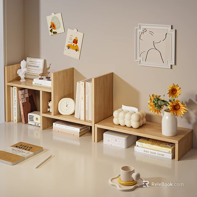 Wooden Multi Tiered Storage Shelf With Books Clock Vase And Sunflowers In Cozy Living Area 3d model 