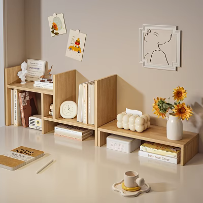 Wooden Multi Tiered Storage Shelf With Books Clock Vase And Sunflowers In Cozy Living Area 3d model