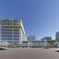 Modern Commercial Street With Glass Buildings Pedestrians Cars Street Lamps And Greenery