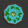 Pink and Yellow Lotus Flowers with Green Lily Pads in Octagonal Clear Water Pond