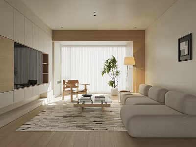 Modern Living Room Interior With Light Colored Sofa Wooden Floor Green Plant And Coffee Table 3d model