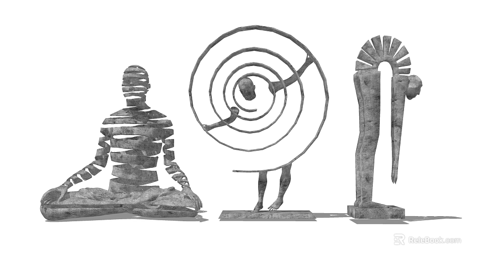 Abstract Sculptures Featuring Meditating Figure Spiral Design And Arch Shaped Structures 3d model 