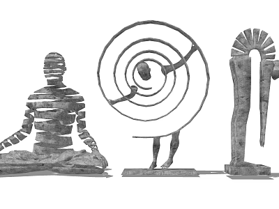 Abstract Sculptures Featuring Meditating Figure Spiral Design And Arch Shaped Structures 3d model