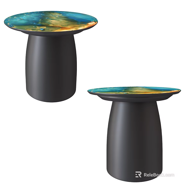Two Coffee Tables With Round Top Colorful Natural Texture And Black Cylindrical Base 3d model 