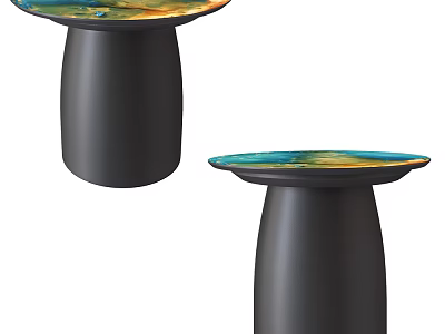 Two Coffee Tables With Round Top Colorful Natural Texture And Black Cylindrical Base 3d model